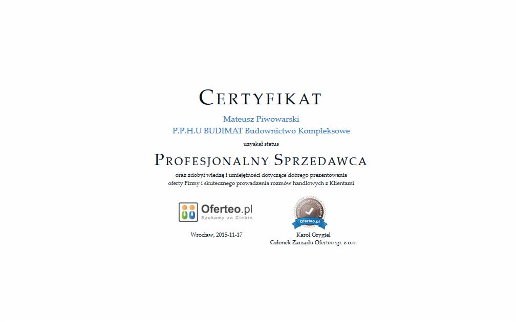 Certyfikat Oferteo — 2015 — BUDIMAT
